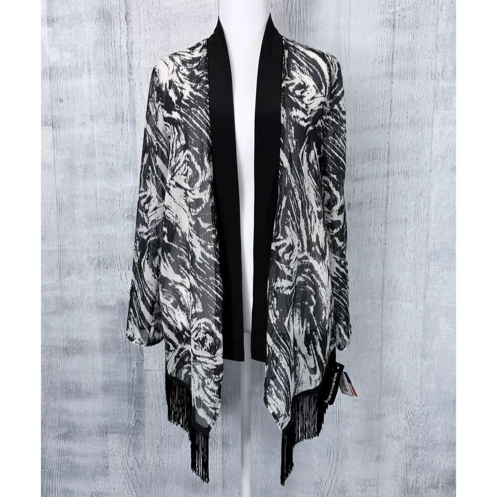 R&M Richards Open Front Cardigan Women's 10P Fringed Detail Abstract Print (NWT)